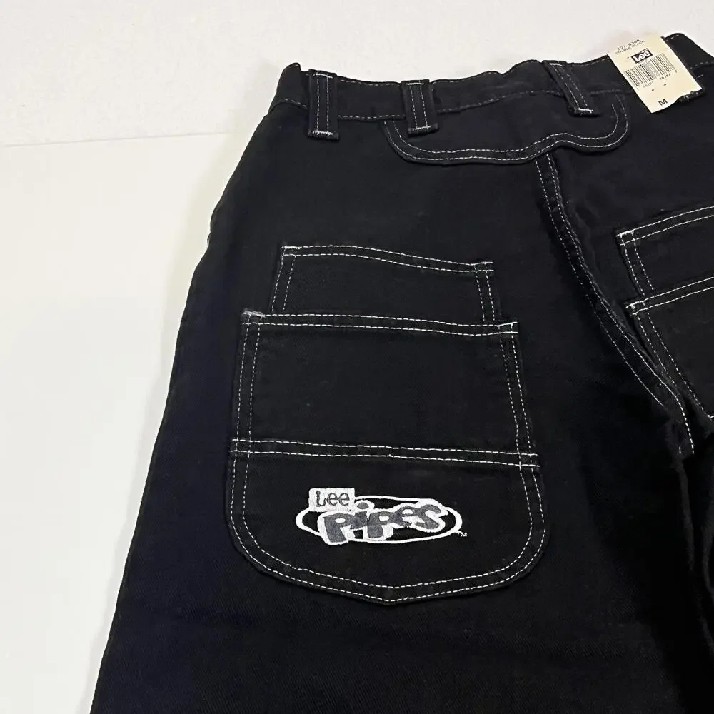 Lee Pipes Jeans Youth Medium Black Double Black Wide Leg Carpenter Y2K Skate